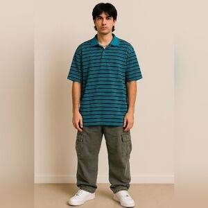 Y2K Adidas Men's Teal and Black Striped Polo Shirt